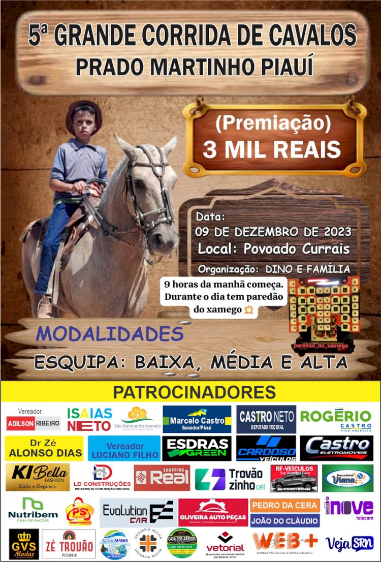 Próximo Sábado, dia 09  tem a 5ª Grande corrida de cavalos do Prado Martinho Piauí